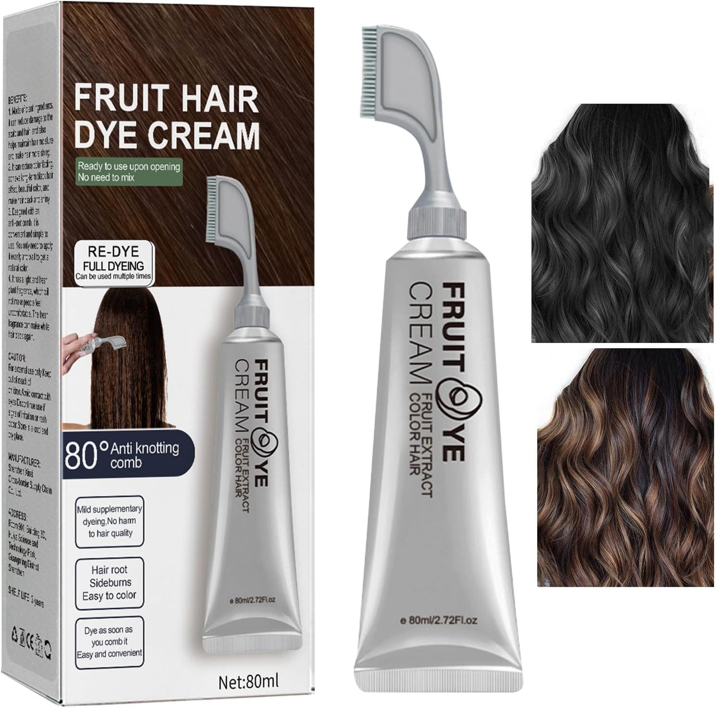 Crema para el cabello con peine para cubrir canas, Negro, 80 ml, extracto de fruta, cubierta para el cabello para mujeres y hombres