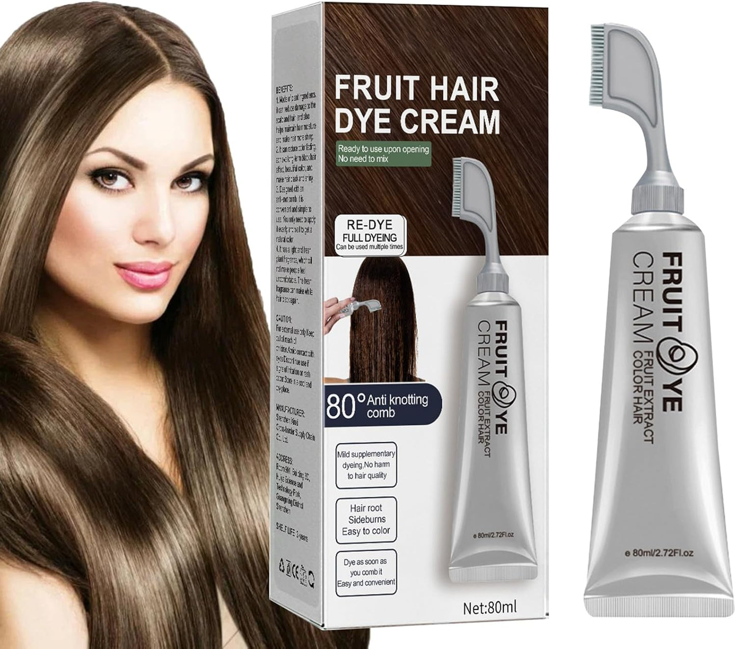 Crema para el cabello con peine para cubrir canas, Negro, 80 ml, extracto de fruta, cubierta para el cabello para mujeres y hombres