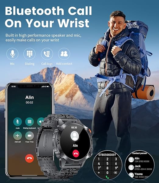 Smartwatch deportivo negro con correa metalica Reloj inteligente para hombre,