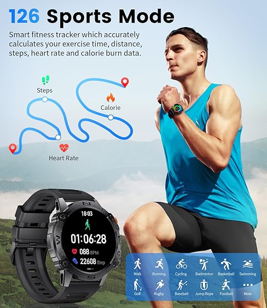 Smartwatch deportivo negro con correa metalica Reloj inteligente para hombre,